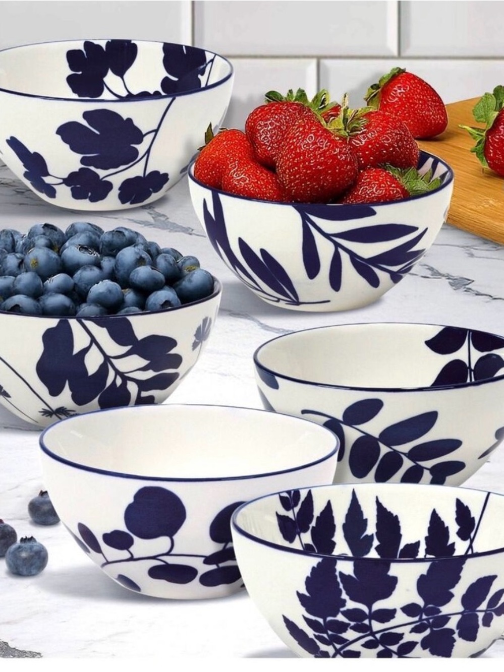 Arbor White Stoneware Bowls with Navy Leaf Motif (6 pcs)